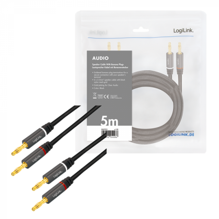 Cablu audio Logilink CA1211, 2x 2.5 mm jack - 2x 2.5 mm jack, 5m, Black