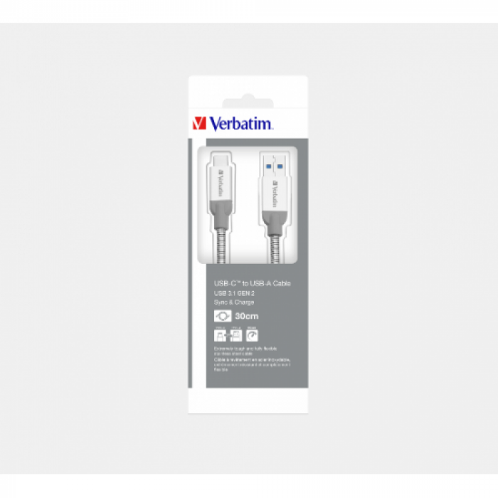 Cablu de date Verbatim, USB 3.1 - USB-C, 30cm, Silver