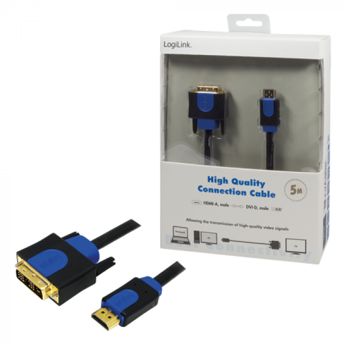 Cablu Logilink, HDMI male - DVI male, 5m, Black