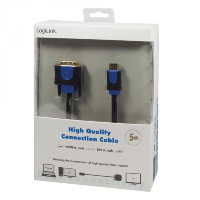 Cablu Logilink, HDMI male - DVI male, 5m, Black