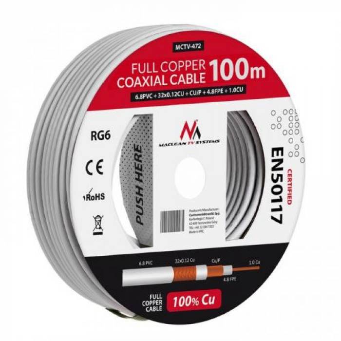 Cablu Maclean MCTV-472, coaxial - coaxial, 100m, Black