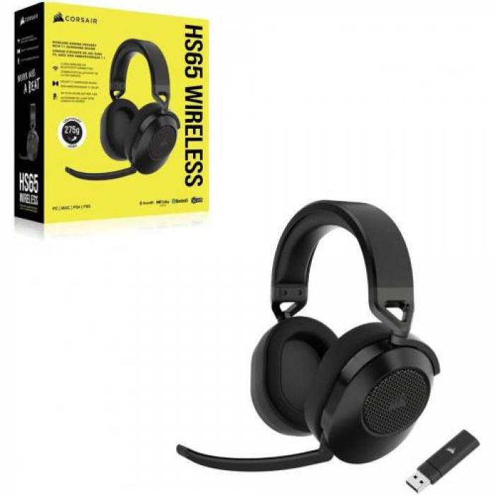 Casti cu microfon Corsair HS65, USB Wireless/Bluetooth, Carbon