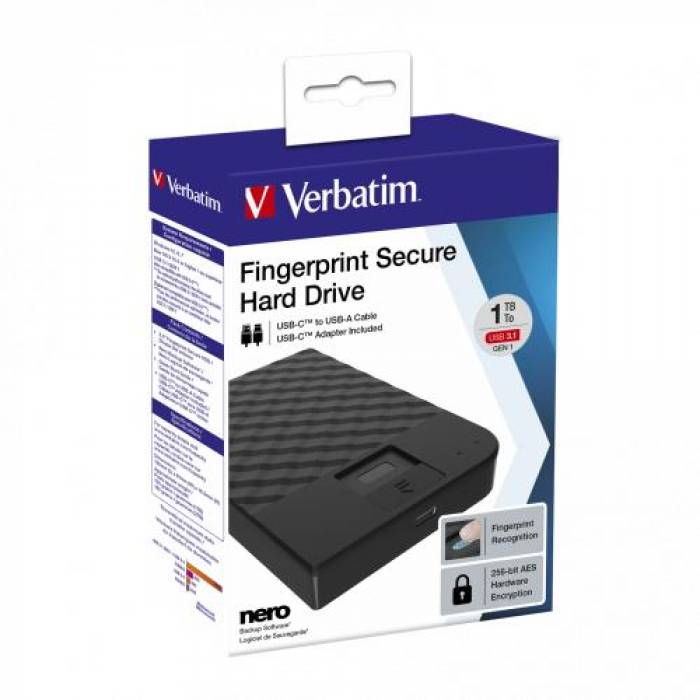 Hard Disk portabil Verbatim Fingerprint, 1TB, USB 3.1, 2.5inch, Black