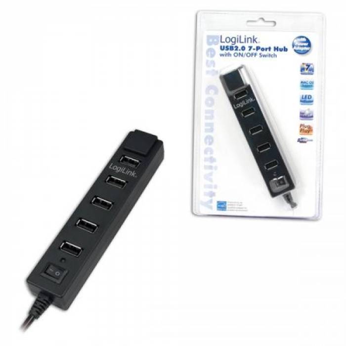 Hub USB Logilink UA0124, 7x USB 2.0, Black