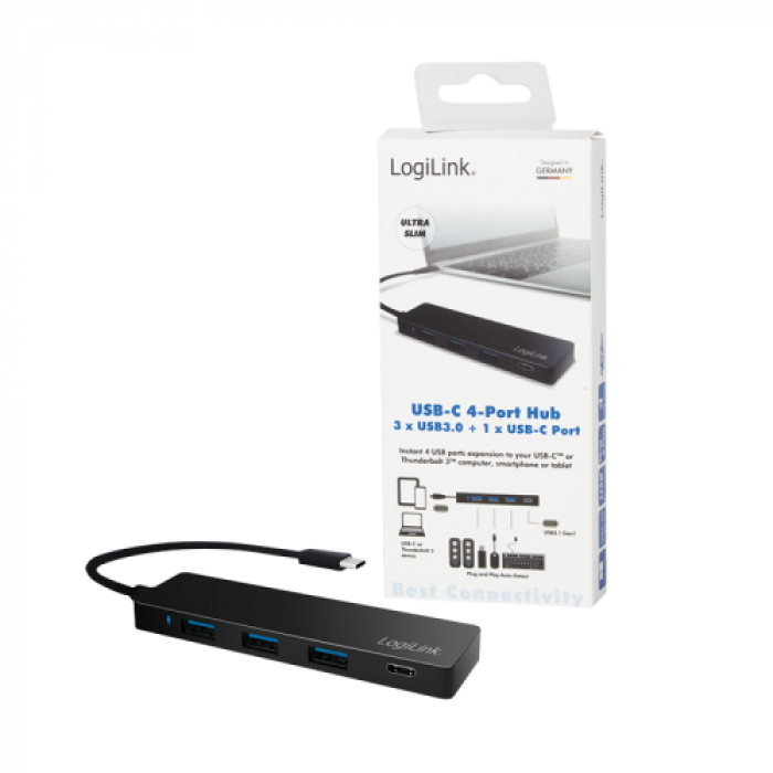 Hub USB Logilink UA0311, 4x USB 3.2 gen 1 + 1x USB-C, Black