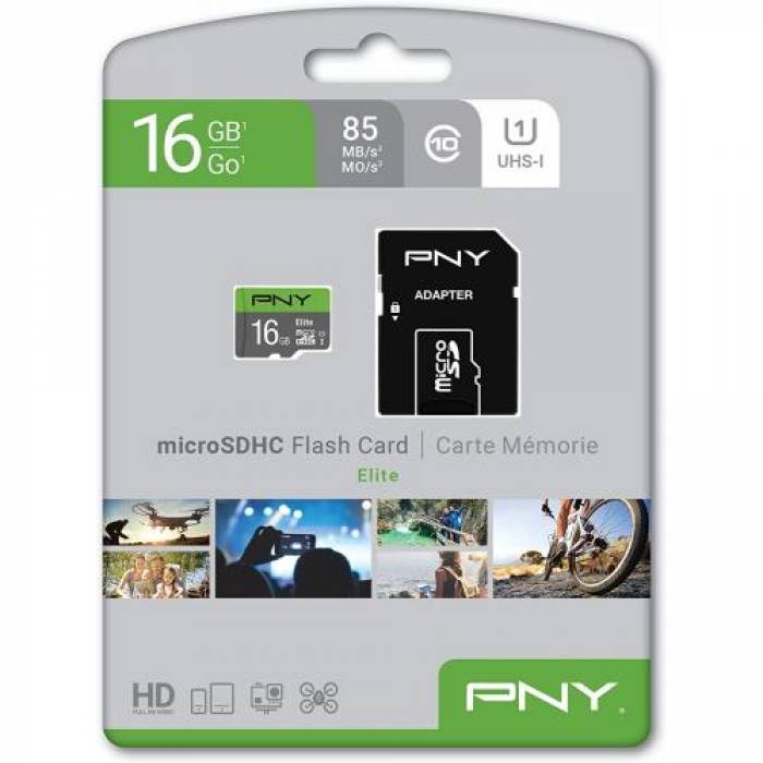 Memory Card microSDHC PNY Elite 16GB, Class 10, UHS-I U1 + Adaptor SD