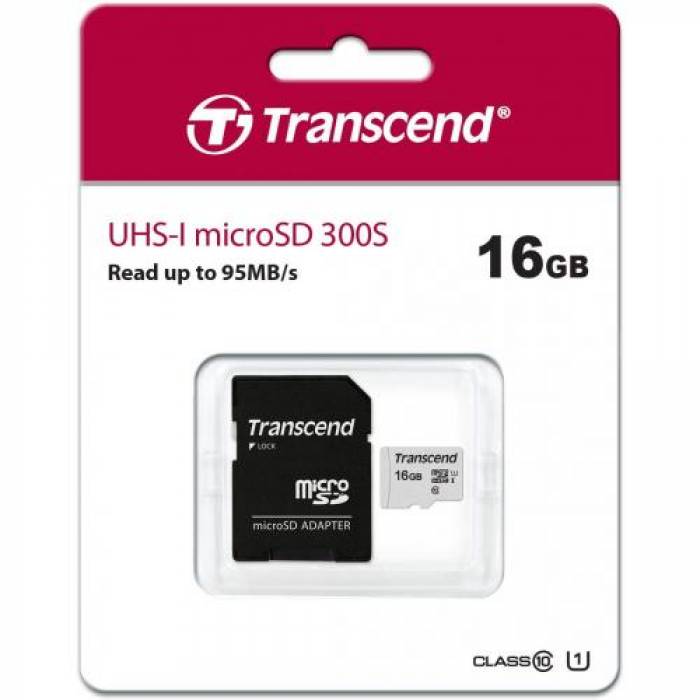 Memory Card microSDHC Transcend 300S 16GB, Class 10, UHS-I U1 + Adaptor SD