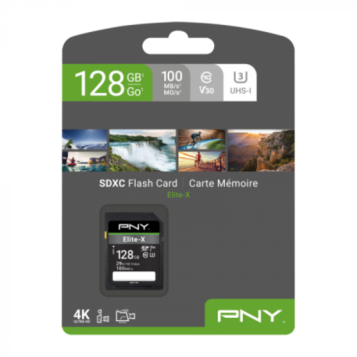 Memory Card SDXC PNY Elite-X 128GB, Class 10, UHS-I U3, V30