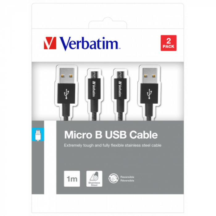 Set Cablu de date Verbatim 48874, USB - microUSB, 1m, Black, 2buc