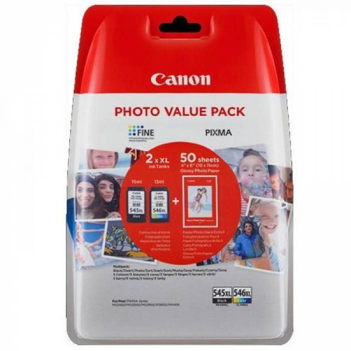 Set Cartuse Cerneala Canon PG-545XL + CL-546 XL + 50 coli hartie foto 10x15cm