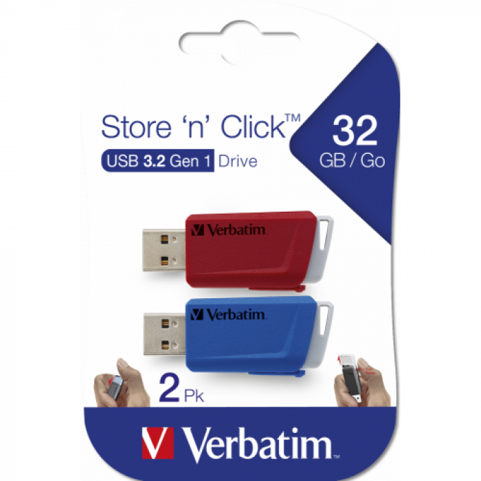 Set Stick-uri Memorie Verbatim Store 'n' Click 32GB, USB 3.2 gen 1, Red/Blue, 2buc