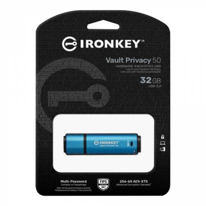 Stick Memorie Kingston IronKey Vault Privacy 50, 64GB, USB 3.0, Blue