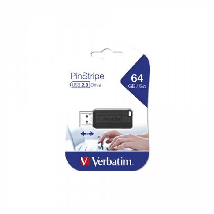 Stick memorie Verbatim Store 'n' Go PinStripe 64GB, USB 2.0, Black