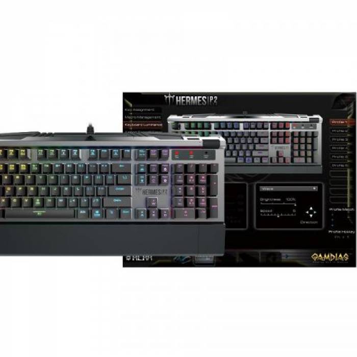 Tastatura Gamdias Hermes P2 Optical Brown Mecanica, RGB LED, USB, Black-Silver