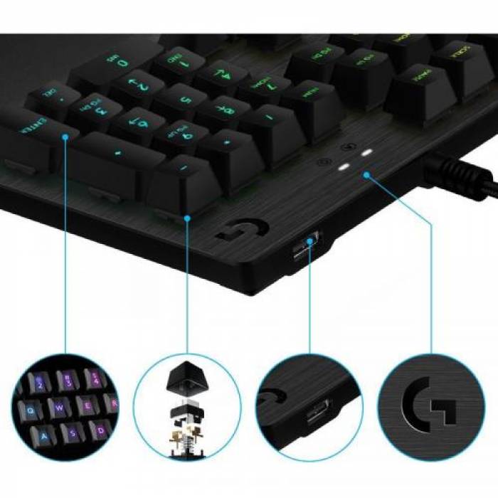 Tastatura Logitech G513 Carbon GX Blue Clicky, RGB LED, USB, Carbon 