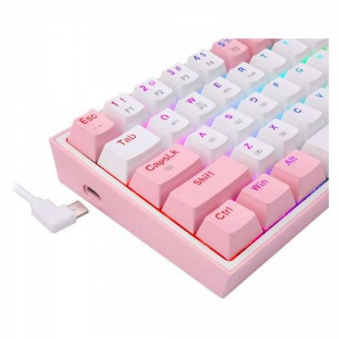 Tastatura Wireless Redragon Fizz Pro, RGB LED, USB Wireless/Bluetooth, White-Pink